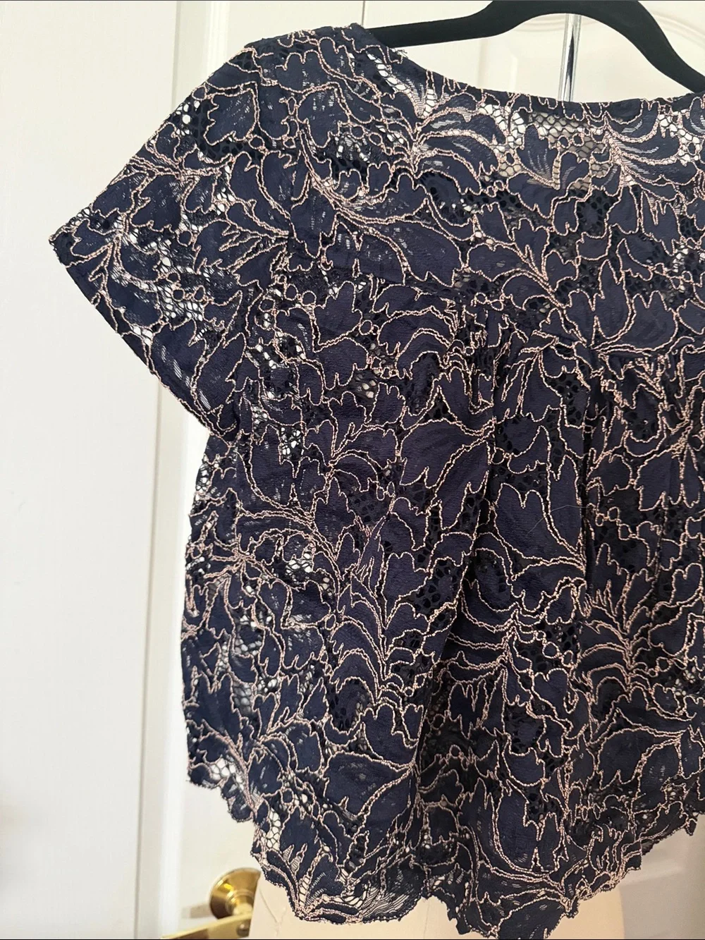 Zara Navy Lace Cropped Short Sleeve Blouse Size L - Picture 9 of 12